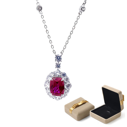 Advanced retro style collarbone chain Oval Cut Ruby Pendant Necklace for Women wiht Gift Box