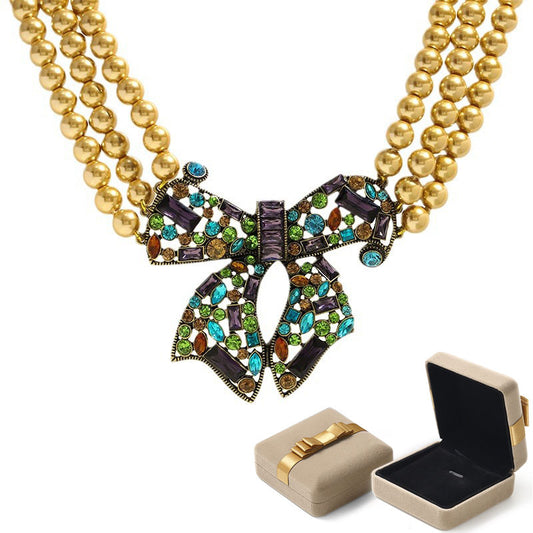 Vintage Colorful Bow Pendant Necklace with Three Layer Pearl Necklace for Women Gift