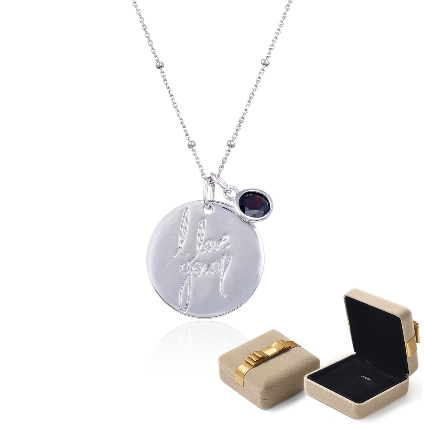 Engraved I Love You Disc Necklace with Birthstone for Women Girl Gift Box
